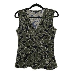 Banana Republic Floral Faux Wrap Top XS Olive Green Navy Blue Stretch Sleeveless